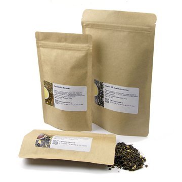 Ukážka balenia sypaných čajov vo vreckách na zips (doypack)