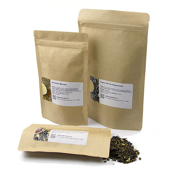 Ukážka balenia sypaných čajov vo vreckách na zips (doypack)